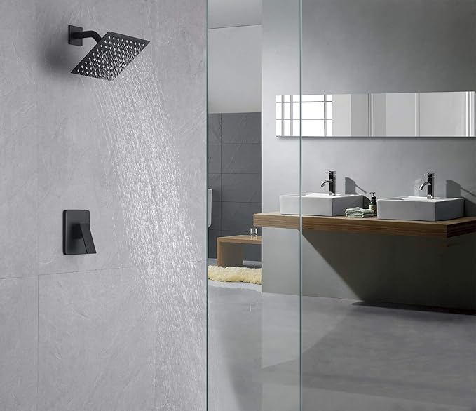 SUMERAIN Bathroom Matte Black Shower Faucet Set 8 Inch Rain shower Head Single Handle Shower Trim Kit with Rough-in Valve