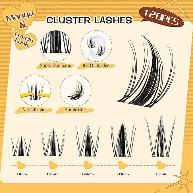 QUEWEL Fairy Lash Clusters Kit, 120pcs Manga Lash Clusters Kit Mix10-18mm Cluster Eyelash Extensions Kit With Lashes Bond and Seal, Lashes Clusters Tweezers for DIY Natural Lashes(FD-Fairy 3 Set)