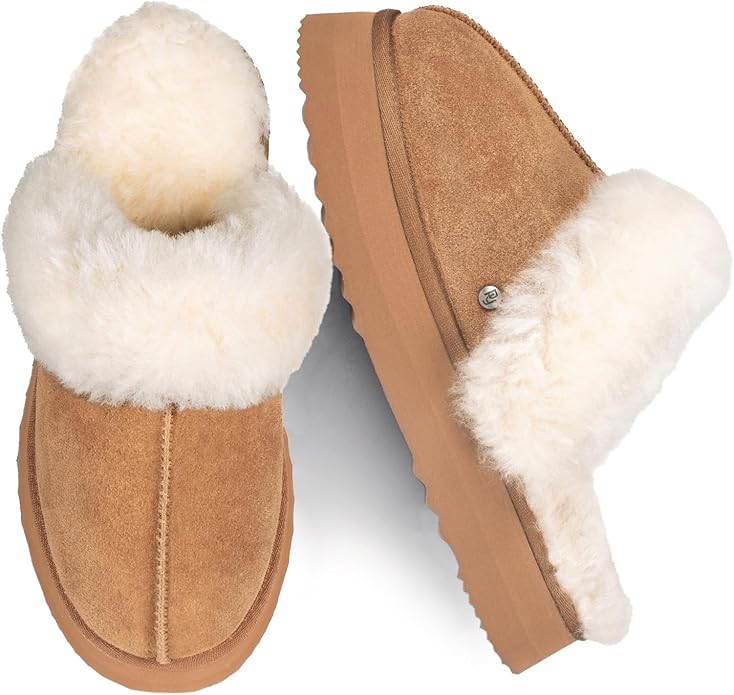 Parfeying Women's Shearling Slippers Genuine Leather with Rubber Sole, Sheepskin Fuzzy Indoor Outdoor Shoes for Home