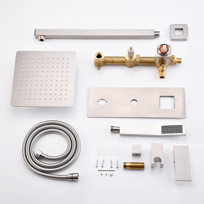 SUMERAIN Brushed Nickel Rain Shower System with Handheld Shower, Pressure Balance Shower Head System with Rough in Valve