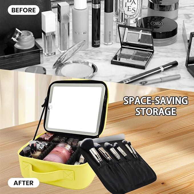 SUILU Travel Makeup Bag with LED Mirror and Light Travel Makeup Case Cosmetic Organizer Portable Cosmetic Brush Organizer Bag with Adjustable Dividers for Cosmetics Makeup Brushes Toiletry (Yellow)