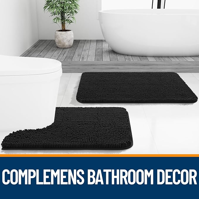 OLANLY Black Bathroom Rug 30x20, Extra Soft Absorbent Chenille Bath Rugs, Rubber Backing Quick Dry, Machine Washable Bath Mats for Bathroom Floor, Tub and Shower, Home Decor Accessories