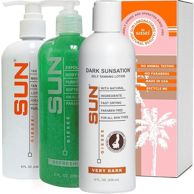 Sun Laboratories By Giesee Self Tanning Lotion, Tan Extender and Body Scrub - Very Dark Sunless Tanner for Natural Face & Body Self Tan - Gradual Self Tanning Lotion for Instant Sunless Glow