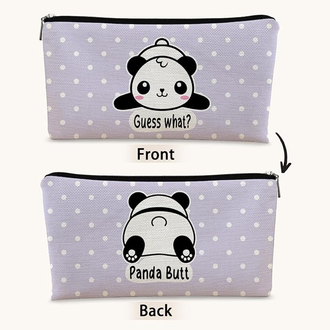 BARPERY Cute Baby Panda Guess What It's Pug Butt Cosmetic Bag, Purple Makeup Case for Teen Girls & Women, Canvas Zipper Pouch