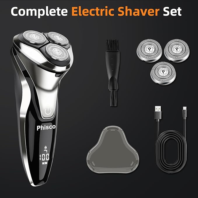 Electric Razor for Men - Phisco Electric Shavers for Man Face, USB Rechargeable, Waterproof Wet Dry Razors with Pop-Up Trimmer, LED Display, Travel Lock