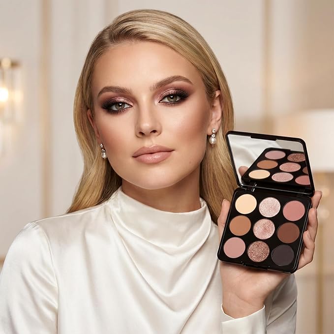 Erinde 9 Colors Nude Eyeshadow Palette, Warm Brown Neutral Eye Shadow Makeup Palette with Mirror, Highly Pigmented Matte Shimmer & Glitter Eyeshadow Long Lasting Blendable for Daily Natural Look