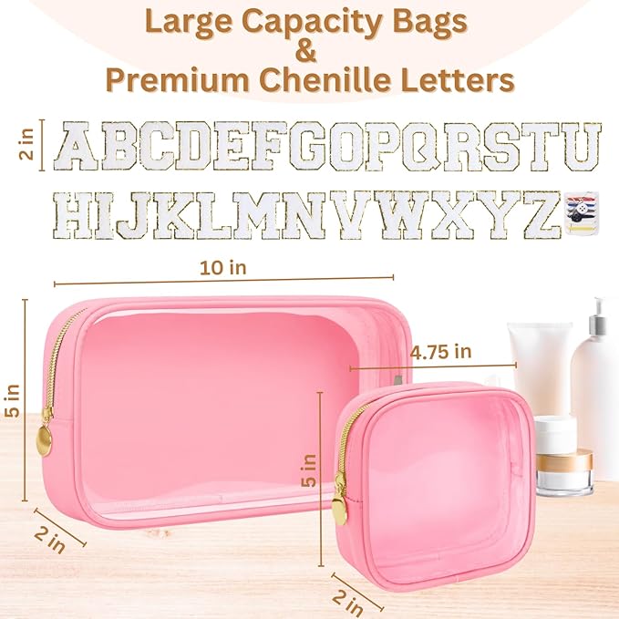 GODEAGLE 2PCS Personalized Makeup Preppy Bag Set, 2PCS Toiletry Bag & 26 Chenille Letters, Clear Makeup Pouch, Birthday Gifts for Girls (Pink)