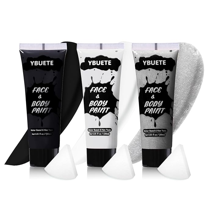 3Pcs Face Body Paint, Professional Paint for Halloween Cosplay Costume Party, Full-coverage Multi-Color Cream Makeup Body Paint for Adult Halloween Cosplay SFX Makeup Paint (White+Black+Silver)