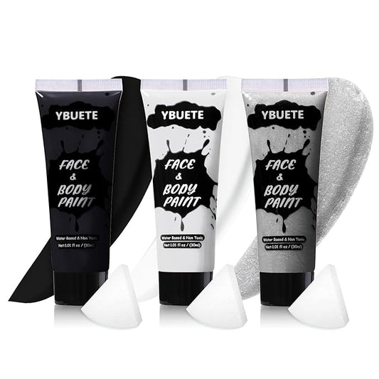 3Pcs Face Body Paint, Professional Paint for Halloween Cosplay Costume Party, Full-coverage Multi-Color Cream Makeup Body Paint for Adult Halloween Cosplay SFX Makeup Paint (White+Black+Silver)