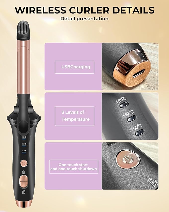 Cordless Curling Iron Rechargeable,USB Rechargeable 4000 mAh Cordless Hair Curler,3 Temp Setting Mini Travel Battery Powered Curling Iron,2 in 1 Portable Hair Straightener and Curler