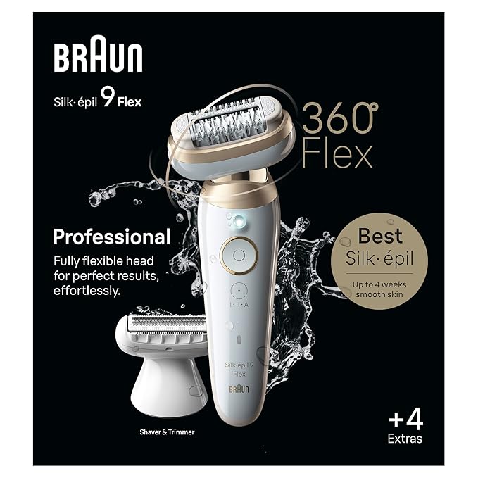 Braun Silk-épil 9 Flex Epilator, 360 Flex and Pivoting Head, Wet and Dry, Includes Shaver Head, Trimmer Comb, SES9-041 3D, Tinted Gold, Holiday Gifts for Women