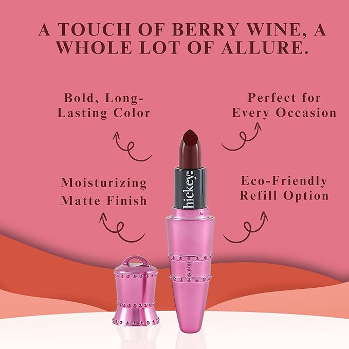 Hickey Lipstick Set, Big Trouble (Berry Wine), Refillable Silver Case with Chain, Satin Pouch & Ribbon (Wearable Necklace), Long Lasting Hydrating Velvet Finish Lipstick for Women, Vegan & Gluten-Free