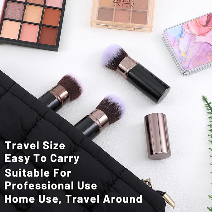 LXUEJIE 3 Pack Retractable Makeup Brush, Travel Kabuki Foundation Brush Portable Powder Foundation Brushes Face Blush Brushes for Blending Liquid Blush Bronzer Buffing Sunscreen Cosmetics(Black Gold)