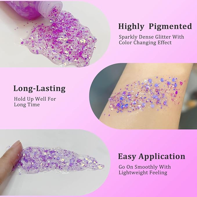 MEICOLY Chameleon Light Purple Hair Glitter,Holographic Chunky Face Body Glitter,Color Changing Mermaid Face Glitter,Self-adhesive Glitter Sequin for Face Body Hair,Festival Party Cheer Glitter Makeup