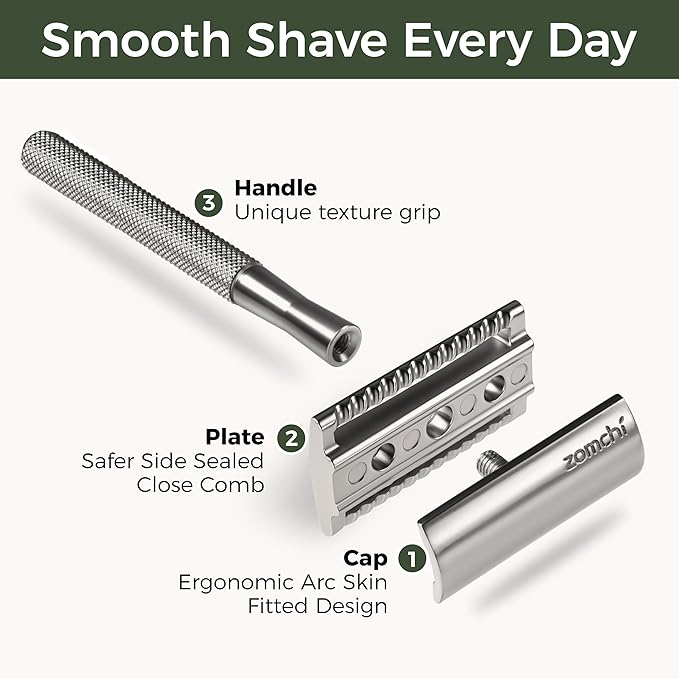 ZOMCHI Double Edge Safety Razor for Men & Women, Eco-Friendly Metal Shaver with 5 Refill Blades, Reusable Manual Razor for Smooth Close Shave – Matte Silver