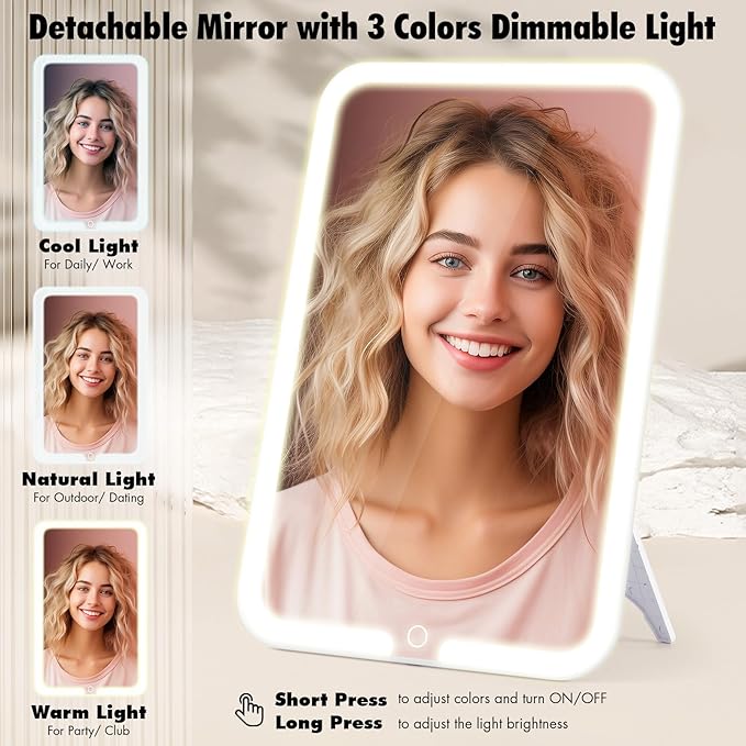 JJhxr 15''X11'' Makeup Bag with Removeable Lighted Mirror, Travel Makeup Case with 3 Color Lights Dimmable Brightness, Large Capacity Cosmetic Organizer Case with Detachable Dividers & Shoulder Strap