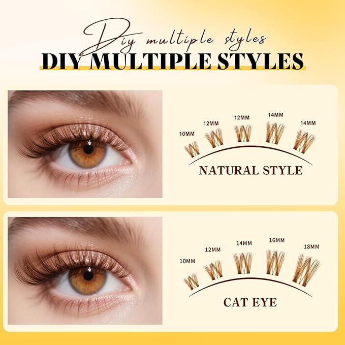 QUEWEL Brown Lash Clusters Kit, 144pcs Wispy-Lash-Clusters Kit Mix10-18mm Wispy Natural Invisible Band Eyelash Clusters Kit for DIY Cluster Eyelash Extensions(Brown Gem 4 Set)
