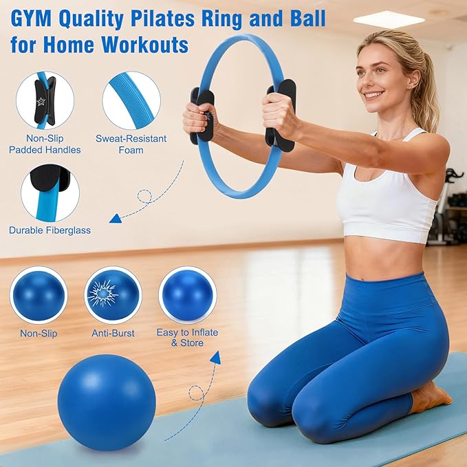 Pilates Ring Set, Pilates Essentials Kit for Home Workouts Women, Yoga Equipment Set with 14 Inch Magic Circle, 9.8” Ball, 5 Resistance Bands, 3 Long Stretch Bands, Core Sliders, Non-slip Socks