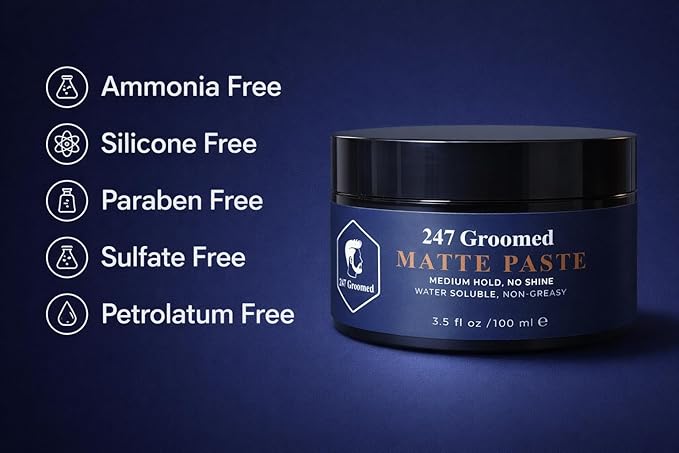 247 Groomed Matte Pomade For Men and Women | All-Day Medium Hold, Low Shine Finish For All Hair Types | Thickening Paste Adds Volume & Texture | Beeswax Based