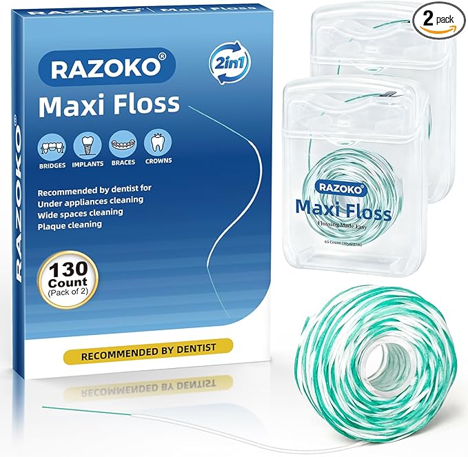 RAZOKO Threader Floss for Braces,Implants,Bridges-130 Count Pre-Measured Strands 2-in-1 Expanding Waxed Dental Floss for Deep Clean,Light Mint Flavored
