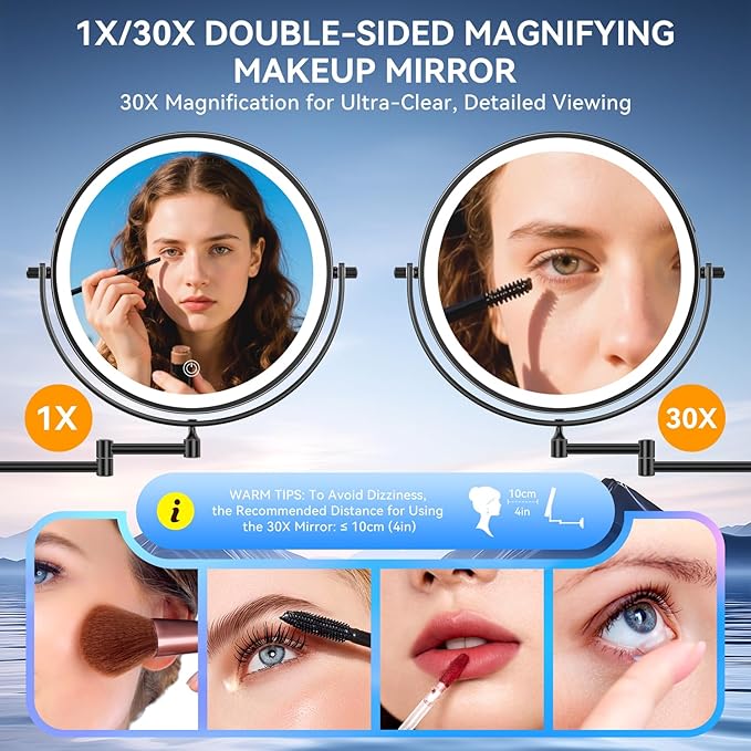 9'' 30X/1X Wall Mounted Lighted Makeup Mirror, 5000mAh Rechargeable Double-Sided Magnifying Mirror with Light, Vanity Mirror Touch Dimmable 3 Colors 360° Rotation Extended Foldable Arm, Power Adapter