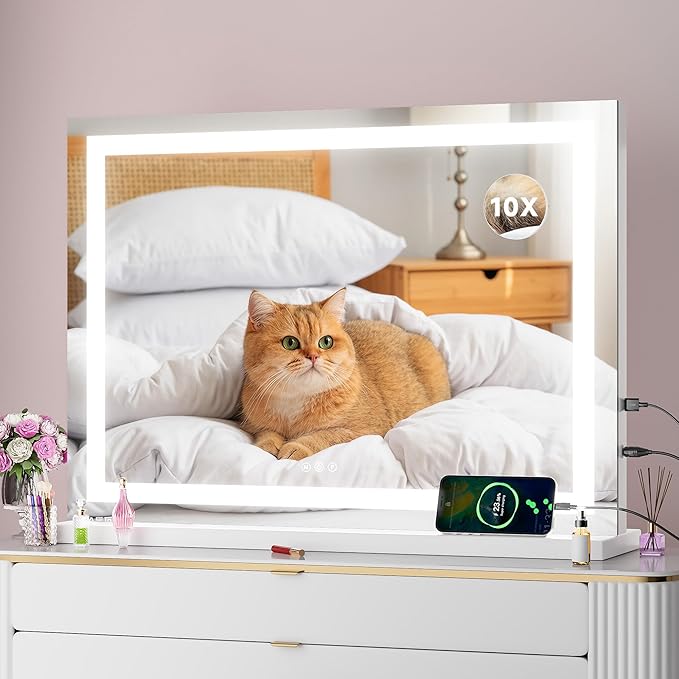 Vanity Mirror with Lights, 28" x 20" LED Makeup Mirror with 10X Magnification, Dimmable 3 Modes, Memory Function, Smart Touch, USB Charging Port, Lighted Makeup Mirror Square White
