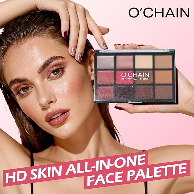 O'CHAIN 12 Colors Cream All in One Face Palette Set, Contour Blush Highlighter Makeup Palette Kit, Long Lasting, Beauty Gift for women, Ideal for Valentine's Day and Festival