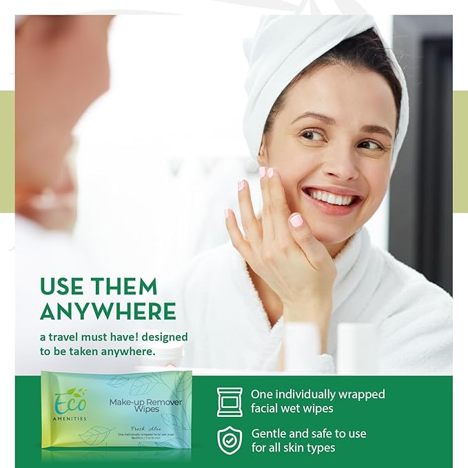 ECO amenities Makeup Remover Wipes Individually Wrapped - Travel Make Up Face Wipes - Individually Wrapped for Women - Singles for Face, Eyes, Lips - Gentle, TSA Friendly - Pack of 500