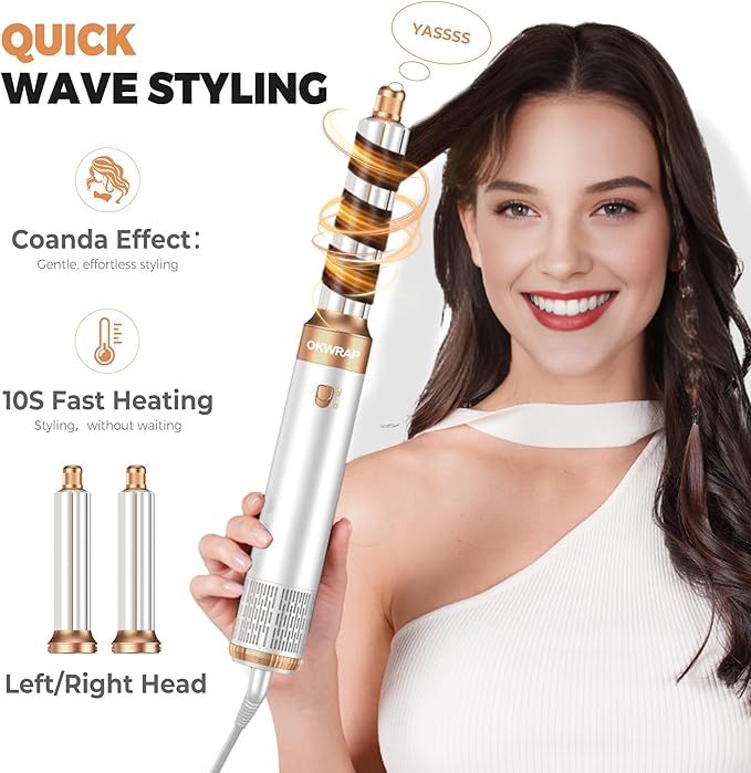 6 in ONE Blow Dryer Brush, Curling Wand Hair Styling Tools Set, Ionic Hot Air Hair Dryer, Massage Oval Hair Dryer, Left&Right Hair Curlers 100-120V (White)