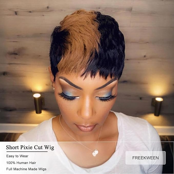 Short Pixie Cut Wig for black women Real Brazilian Virgin Human Hair Black and Honey Blonde Highlight full Machine Made Glueless wig Short layered Pixie Haircut hairstyle 1B/33#