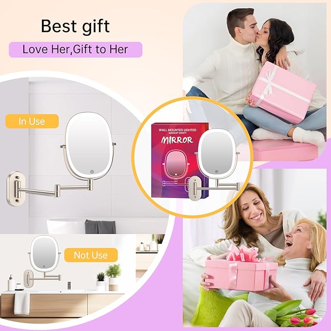 FUNTOUCH Wall Mounted Makeup Mirror,Rechargeable 7X/1X Double Sided Touch Switch Rectangle Oval Wall Mounted Magnifying Mirror with Light, 3 Color Setting,Extended Arm 360°Foldable, Nickel