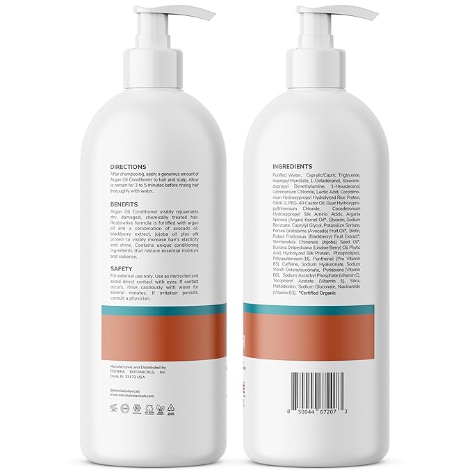 Edenika Botanicals Argan Oil Moisturizing Conditioner with Avocado, Blackberry & Jojoba, 16 fl oz, Restorative & Smoothing Formula, Vegan, Paraben-Free, Sulfate-Free, for All Hair Types