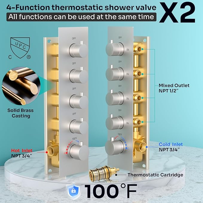 HOMEDEC Couples Luxury Shower System, LED 14x20" and 6" Side Shower Heads, 4-Way Diverter Valves Multi-Function Shower Faucet Set, Brushed Nickel
