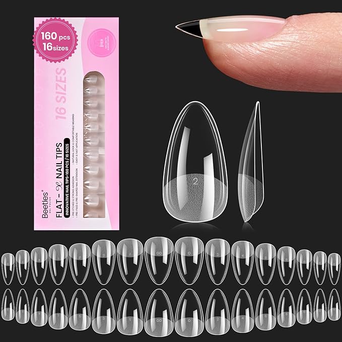 Beetles Gel Nail Tips Flat-X - Almond Short, 160pcs 16 Sizes, Pre-Etched Half Matte Full Cover Soft Acrylic False Nail Tips Clear Press on Easy DIY Extension Salon for Flat & Natural Nail Beds