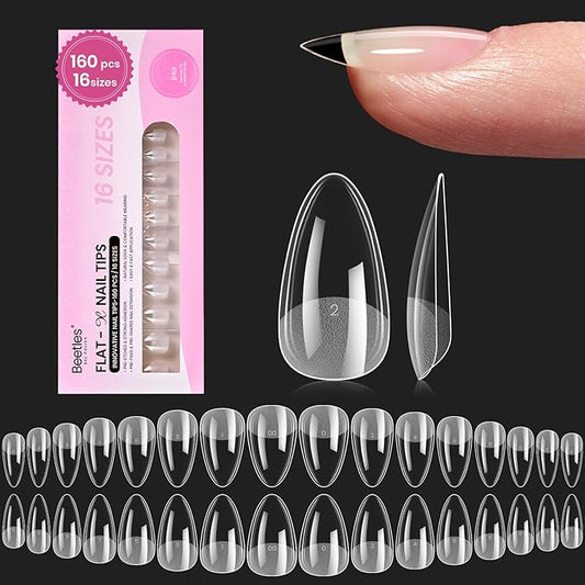 Beetles Gel Nail Tips Flat-X - Almond Short, 160pcs 16 Sizes, Pre-Etched Half Matte Full Cover Soft Acrylic False Nail Tips Clear Press on Easy DIY Extension Salon for Flat & Natural Nail Beds