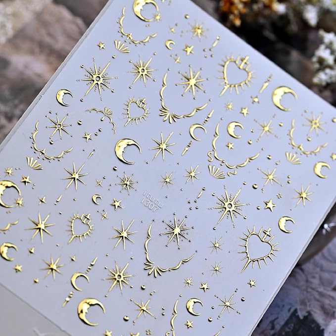 Gold 5D Embossed Nail Stickers Star Nail Stickers for Nail Art with Moon Heart Design Nail Art Stickers Self-Adhesive Gold Nail Decals for Women Manicure Supplies