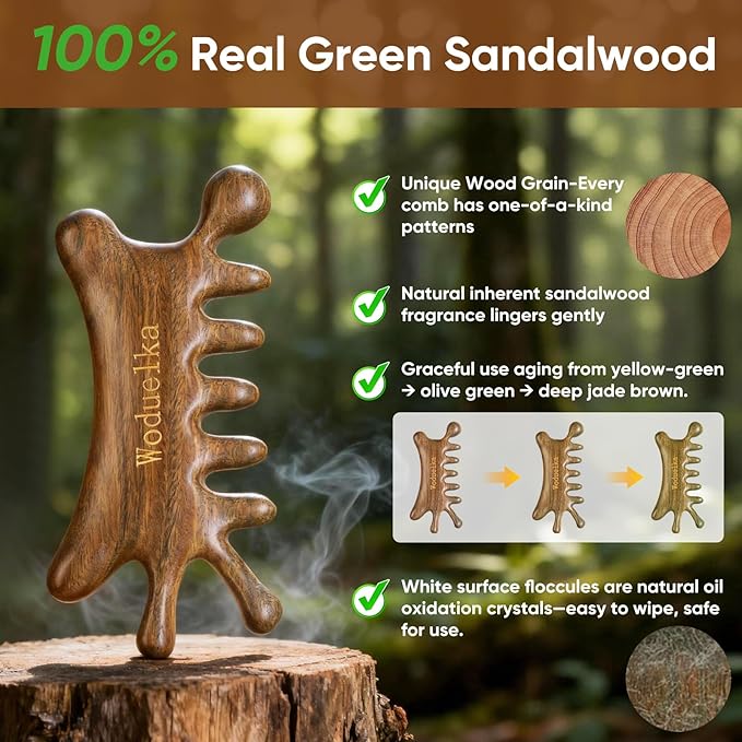 6-in-1 Gua Sha Tool for Face & Body – Valentines Day Gift, Green Sandalwood Massage Comb, Lymphatic Drainage, Wooden Scalp Massager, Jaw Lifting & Nose Sculpting, Head Massage Comb