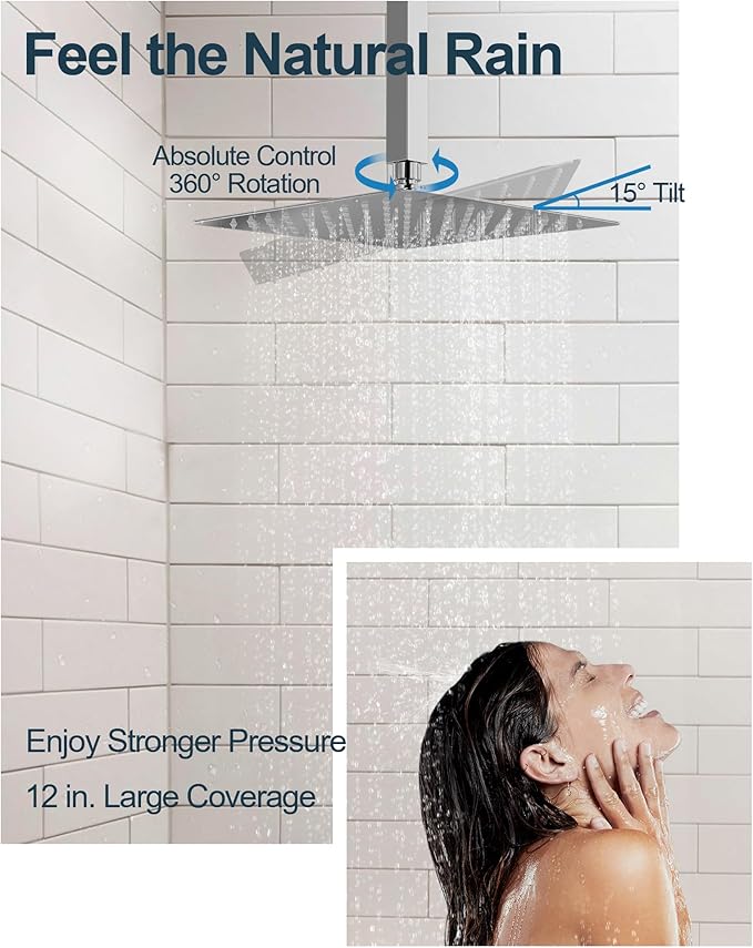 GRANDJOY Thermostatic Shower System, Dual Rainfall Shower Heads for Ceilling & Wall Mounted with Handheld Sprayer, Chrome