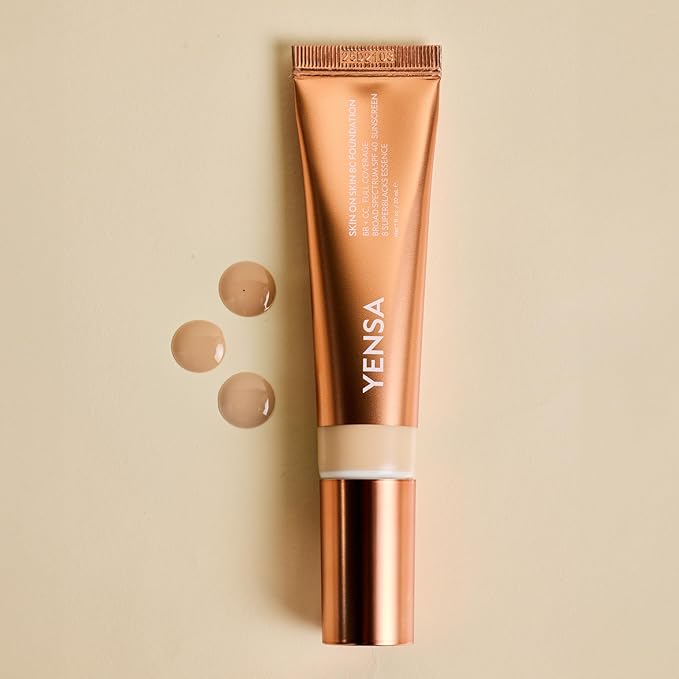 YENSA Skin on Skin BC Foundation Makeup - CC, BB Cream & Full Coverage Foundation-In-One - Buildable, Radiant Finish with SPF 40, Hyaluronic Acid, Peptides & 8 SuperBlacks - Tan Golden (1 oz)