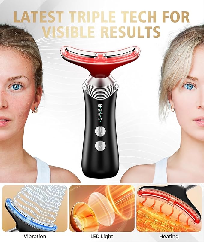 Dopsikn 9-in-1 Red-Light-Therapy-for-Face-and-Neck, Portable Facial Massager Tool with Adjustable Vibration & Thermals for Wrinkles, Double Chin, Black