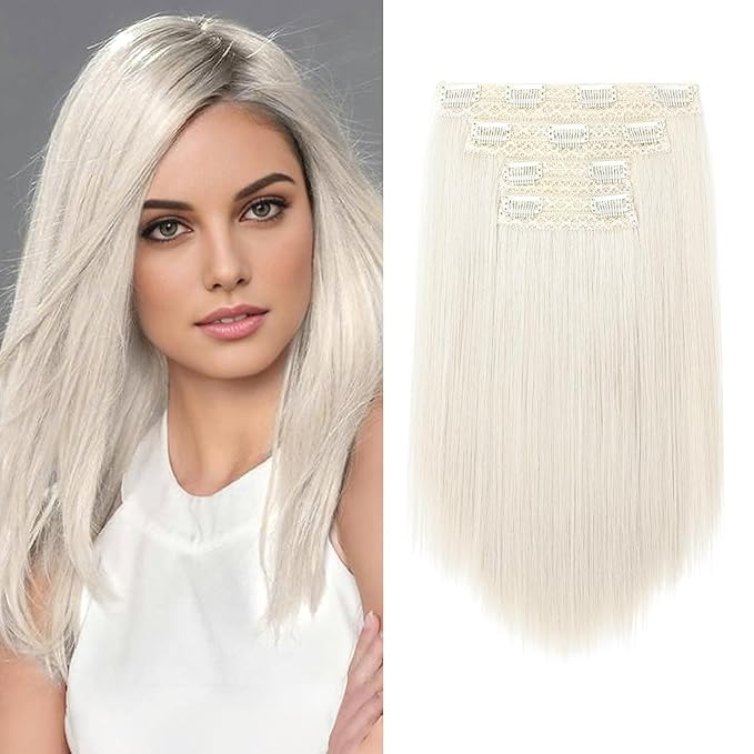 Hair Extensions, 14" Short Clip in Hair Extensions 4PCS Straight Natural Soft Synthetic Hairpiece for Women - Platinum Blonde