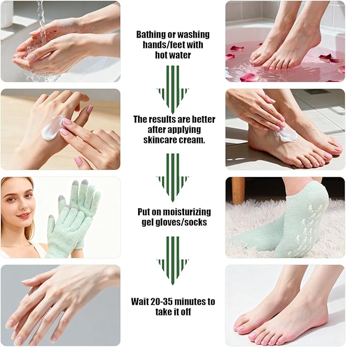 Touchscreen Moisturizing Gloves and Socks, Gel Spa Moisturizing Therapy Sock ＆ Glove, Overnight Gloves for Dry Hands, Repair and Soften Aging, Hand and Feet Care for Chapped and Dry Skin (Green)