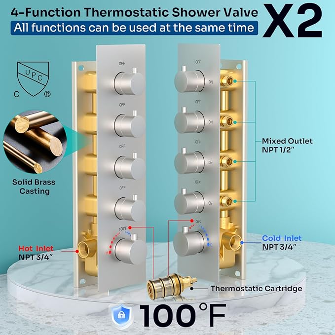 HOMEDEC Couples Luxury Shower System, 16x32" Rain and 6" Side Shower Heads, 4-Way Diverter Valves Multi-Function Shower Faucet Set, Brushed Nickel