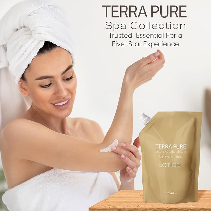 Terra Pure Spa Collection 1 Liter Lotion Refill Bag For Soap Dispensers | Bulk Toiletries for Vacation Rentals, and Home Bathroom Showers | Green Tea Lemongrass | Set of 3