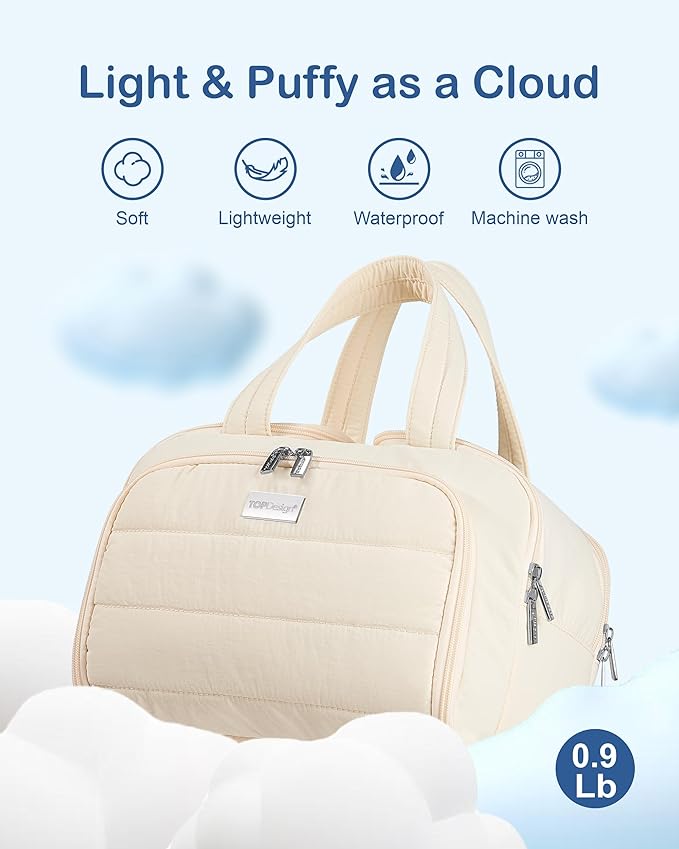 TOPDesign Travel Toiletry Bag for Women, Puffer Large Toiletry Bag, Lightweight Cosmetic Makeup Organizer with Handle for Traveling, Accessories, Essentials, Toiletries (Beige)