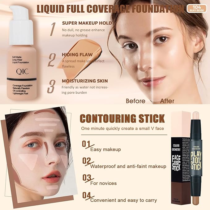 All in One Makeup Kit for Women Full Kit, Make Up Gift Set for Women Teens Girls, Includes Eyeshadow Foundation CC Lipstick Mascara Brush Sponge Brow Powder Soap Eyeliner Primer Contour Cosmetic Bag