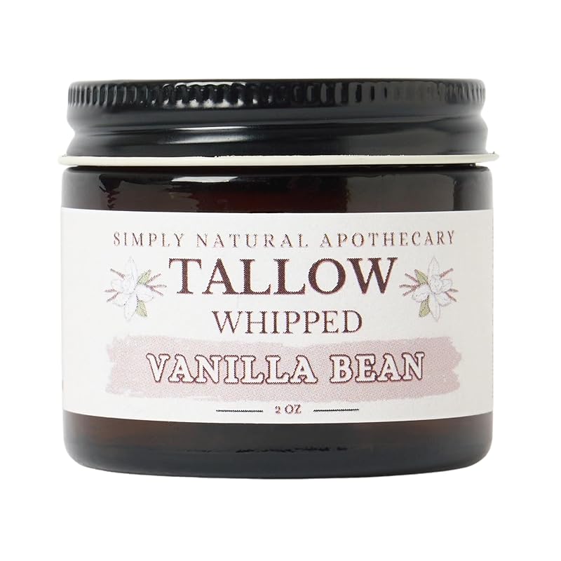 Beef Tallow for Skin Care, Face, Hands - Natural Moisturizer - Whipped - Organic Grass-Fed Beef Fat - Vitamins A, D, E, K - Dry Skin, Baby Diaper Cream - Hydrating - Warm Vanilla - 2 oz Jar