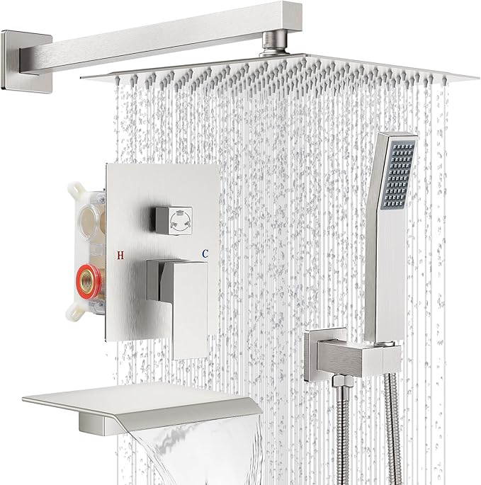 IUERASD Rain Shower Faucet Set Wall Mounted Rainfall with Tub Spout Shower Head System Rough-in Valve Body and Trim Included Brush Nickel (10 Inches)