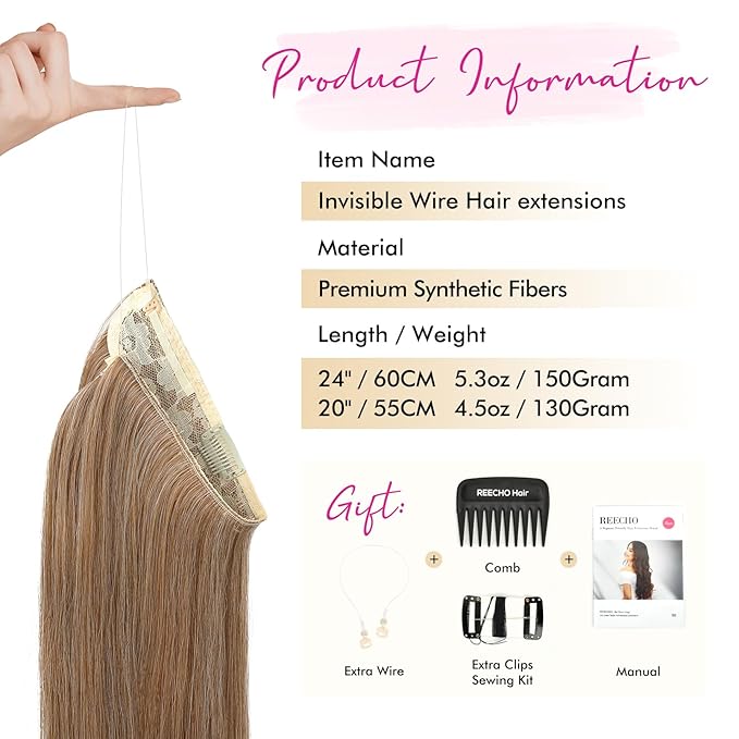 REECHO Invisible Wire Hair Extensions with Transparent Headband Adjustable Size Removable Secure Clips in Straight Secret Hairpiece for Women (20 Inch (Pack of 1), Dark Blonde)