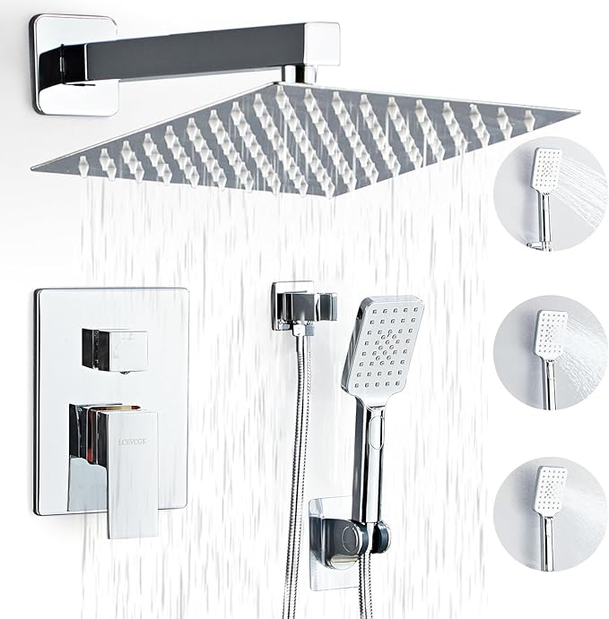 LCEVCGK Shower System, Shower Faucet Set Complete Square Rain Shower Combo Set with 8 inch Rainfall Shower Head System Bathroom Wall Mounted 3-Setting Handheld Shower,Chrome